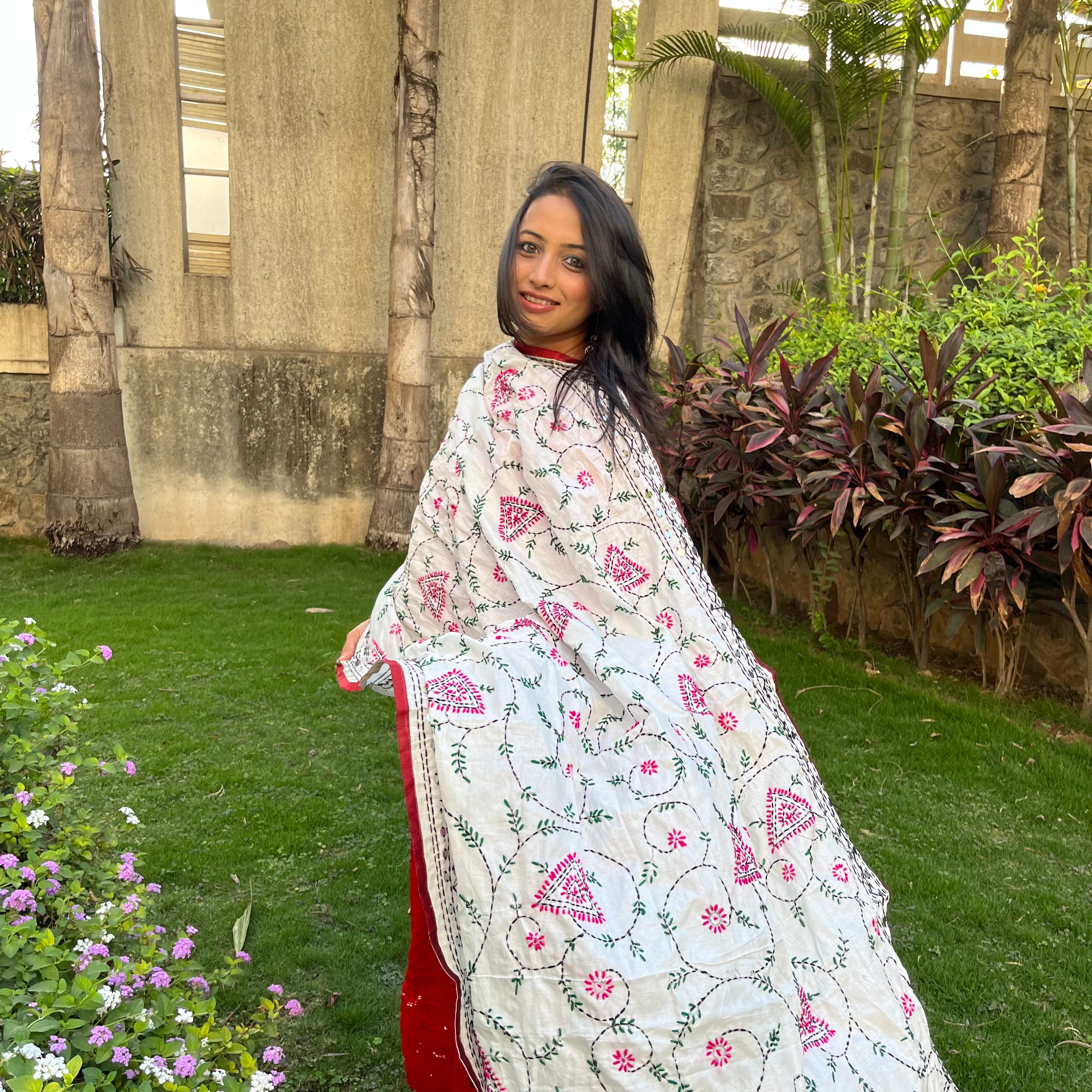 Hand-Embroidered Chanderi Dupatta- White With Multicoloured Threadwork