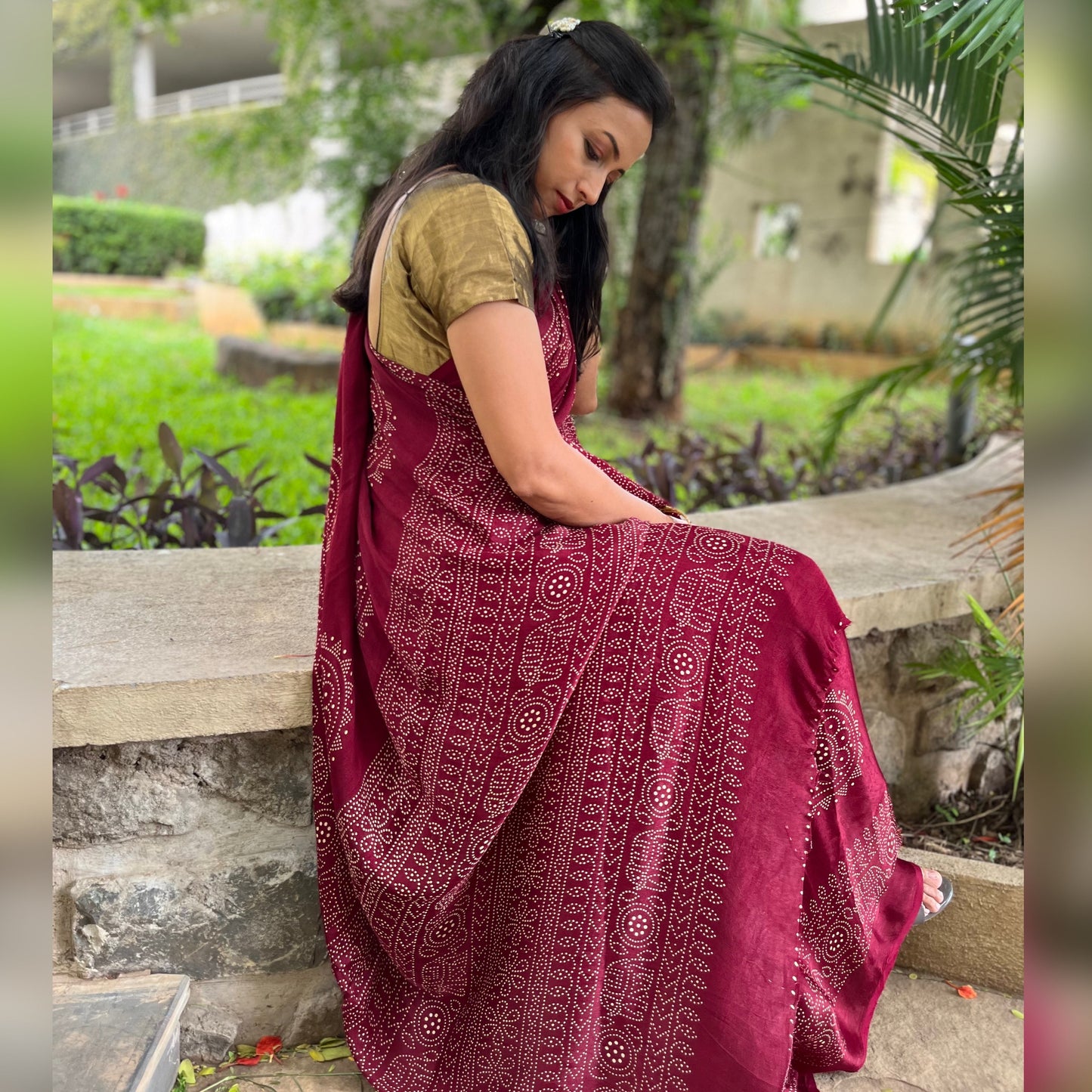Modal Silk Ajrakh Saree With Natural Dyes - Blue, Maroon, Mustard Yellow, Magenta Pink,Bottle Green, Brown, Pink.