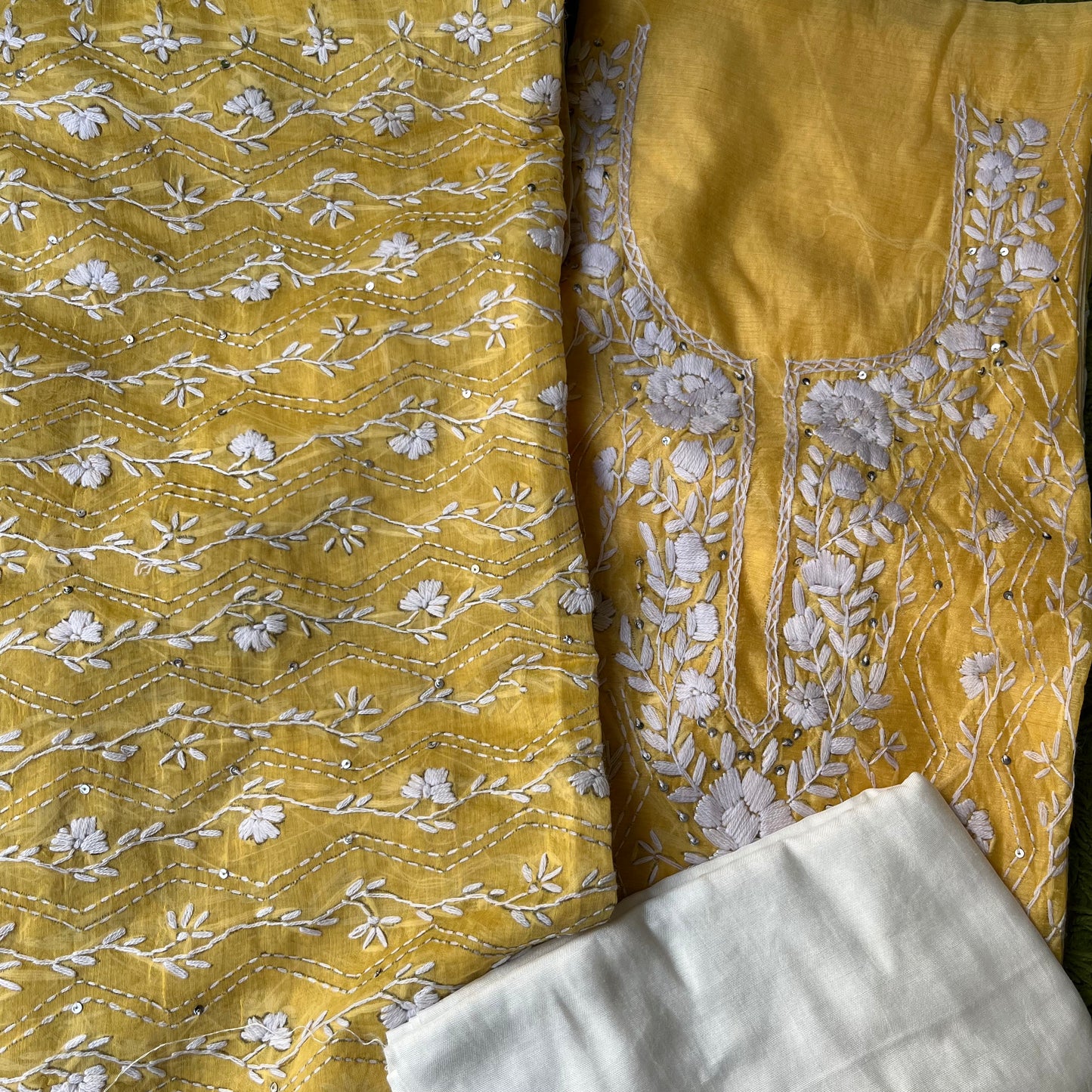 Hand Embroidered Unstitched Suit Material - Yellow And White