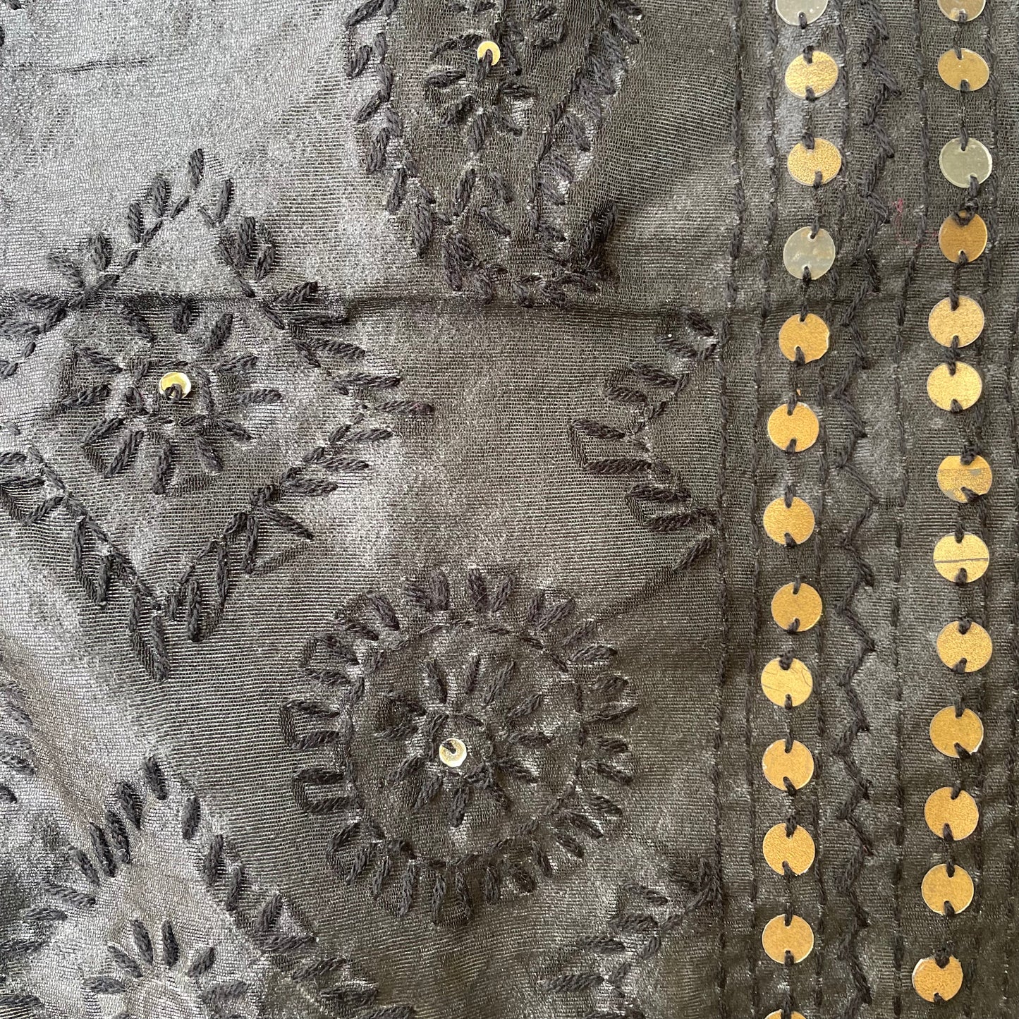 Hand-Embroidered Cotton Dupatta With Sequence Border - Black With Self Coloured Threadwork