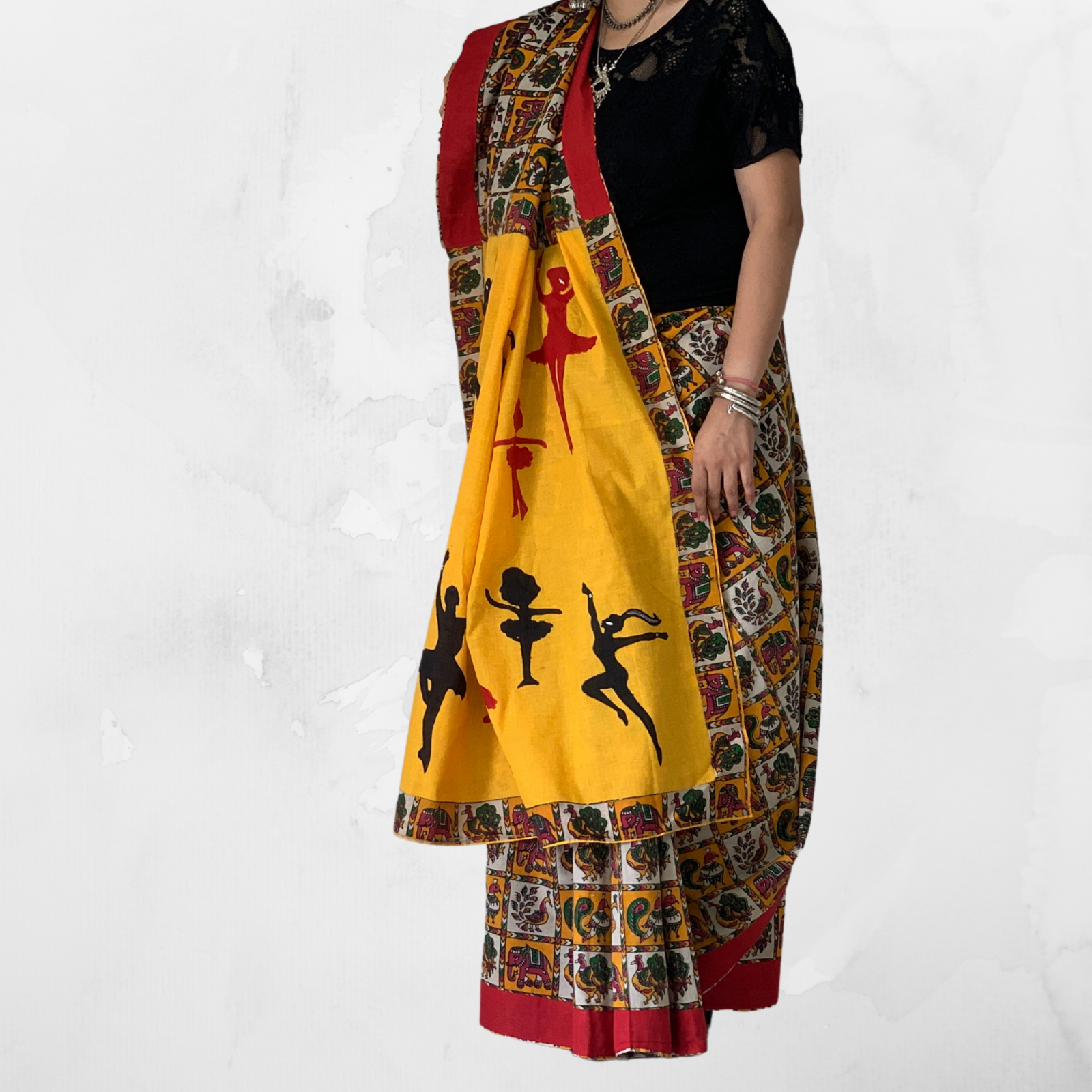 Handloom Couple Set - Saree & Kurta - Kalamkari Dancing Dolls