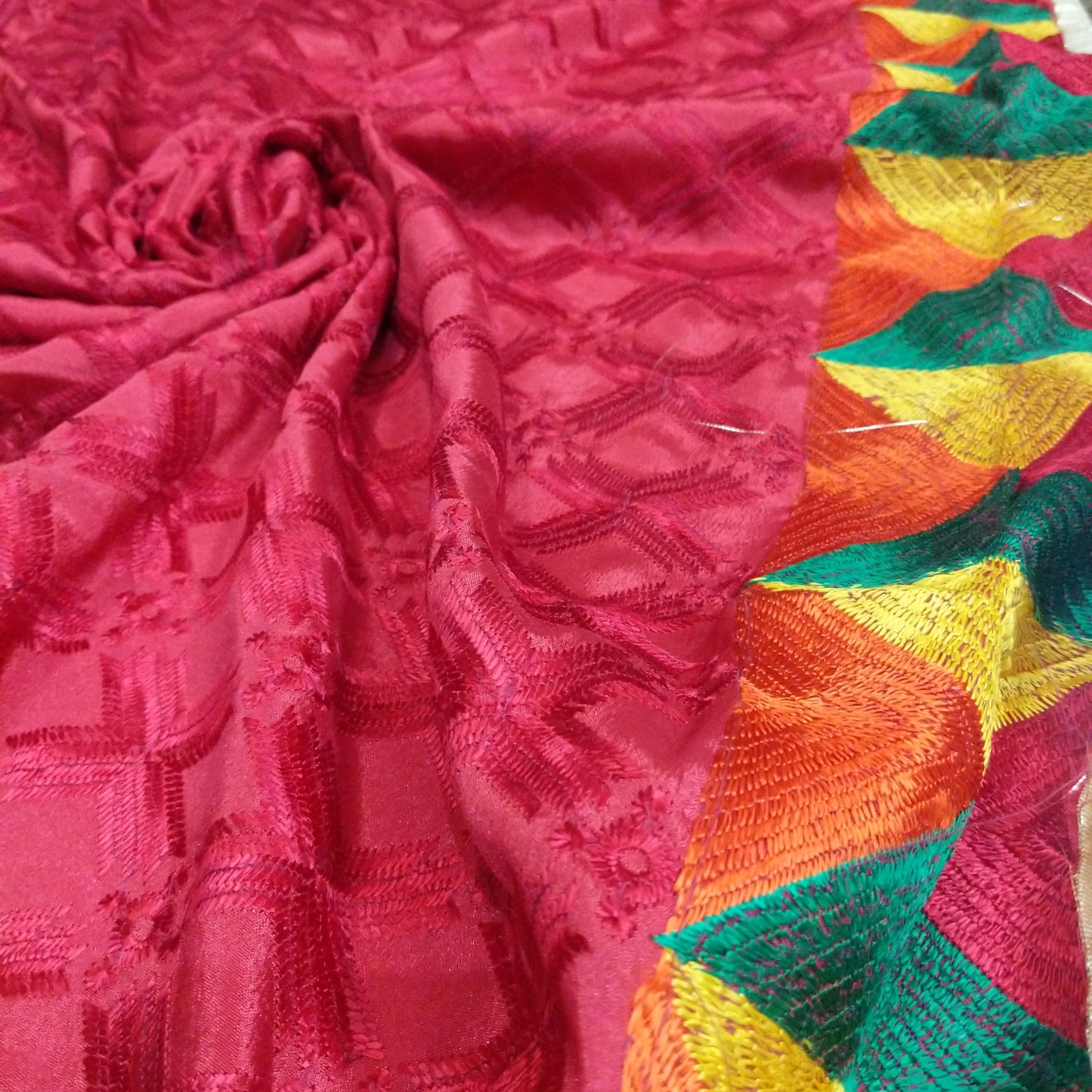 Phulkari Multicolour Border Chinnon Dupatta - Red