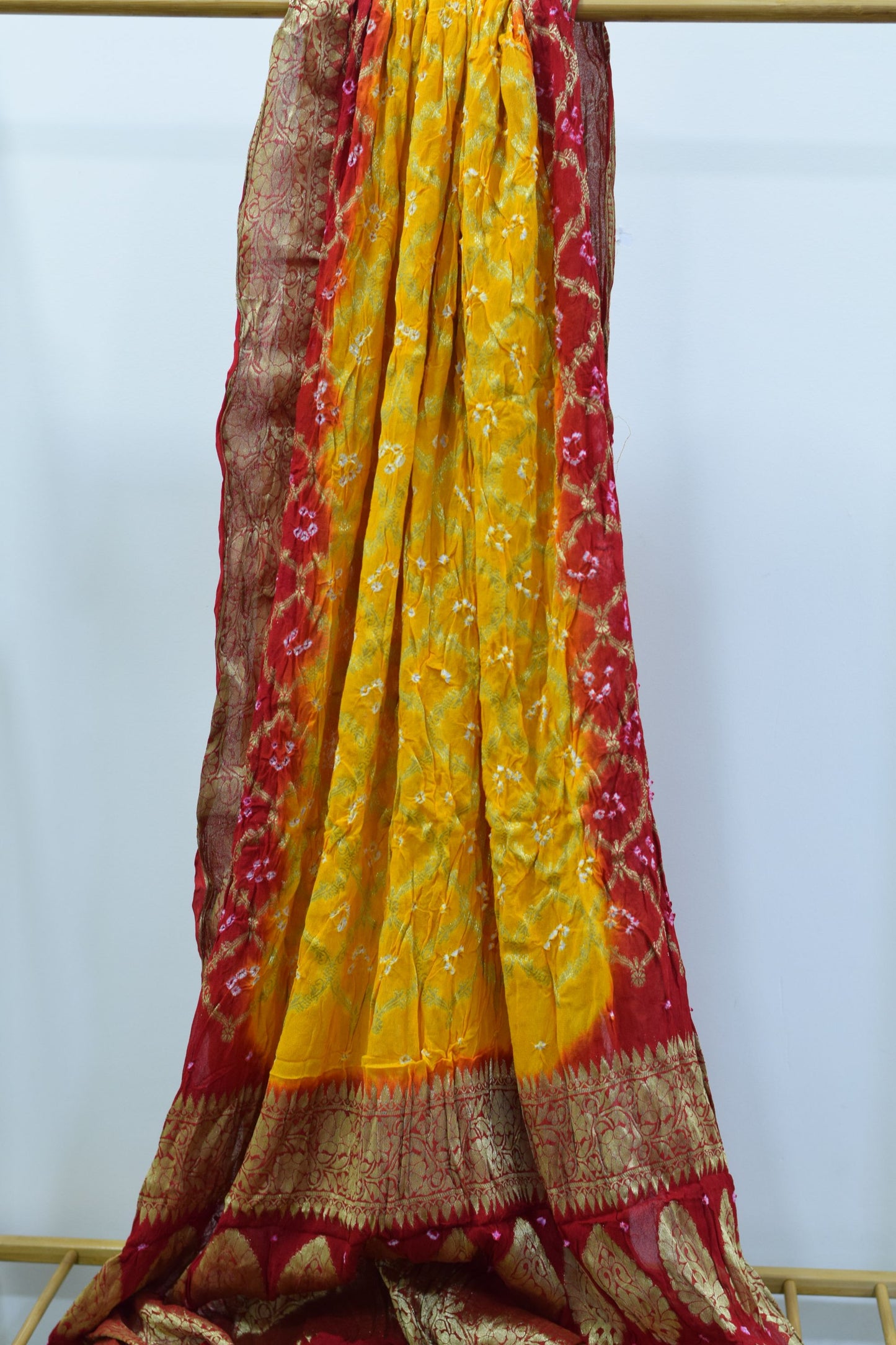 Pure Georgette Banarasi With Fine Bandhej Work Dupatta - Yellow and Red
