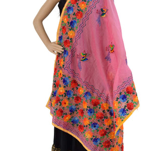 Chanderi Hand Embroidered Dupatta - Sparrow (PE07) - Pink - Phulari