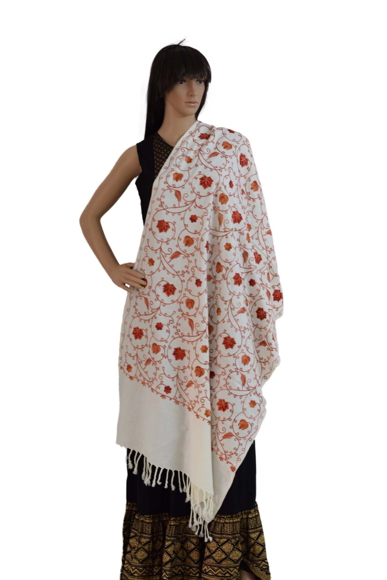 Kashmiri Floral Embroidered Cashmilon Stole (KE04) - Off White - Phulari