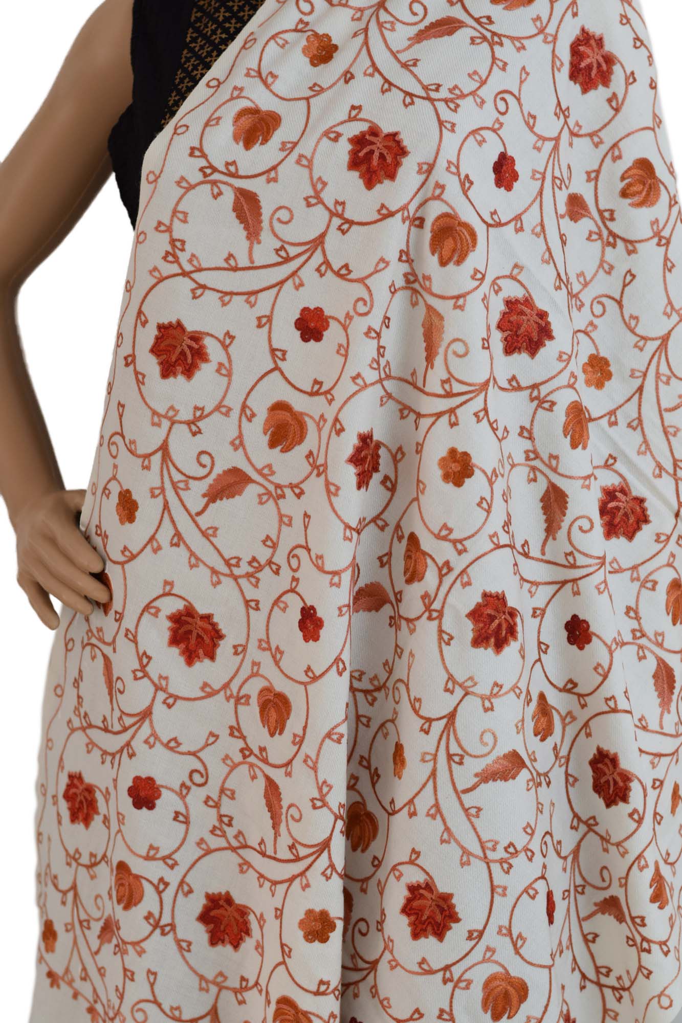 Kashmiri Floral Embroidered Cashmilon Stole (KE04) - Off White - Phulari