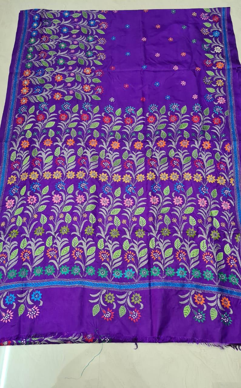 Hand-embroidered Art Silk Kantha Saree- Purple