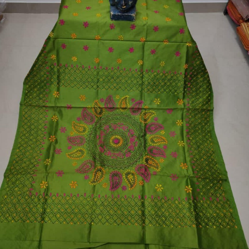 Assam Silk (cotton silk) Kantha Work Saree - Mehendi Green