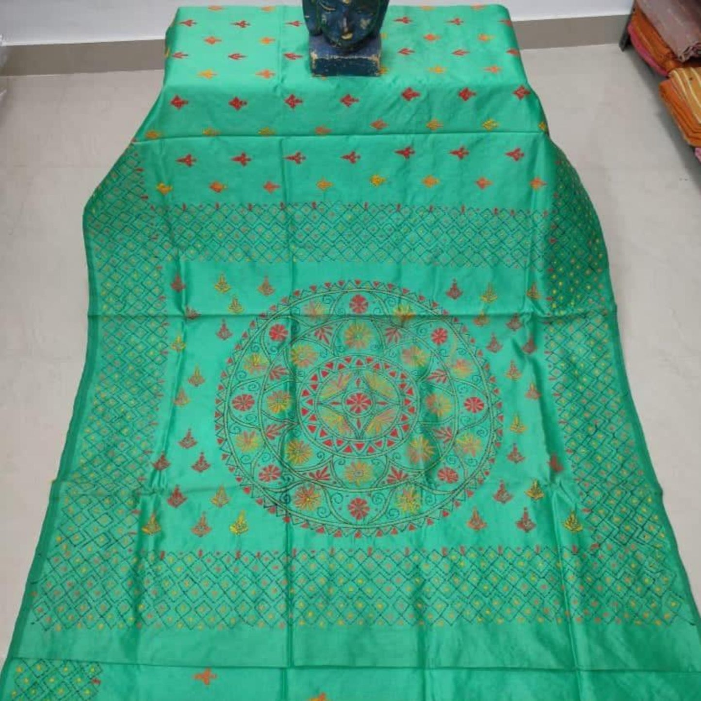 Assam Silk ((cotton silk) Kantha Work Saree - Teal Green