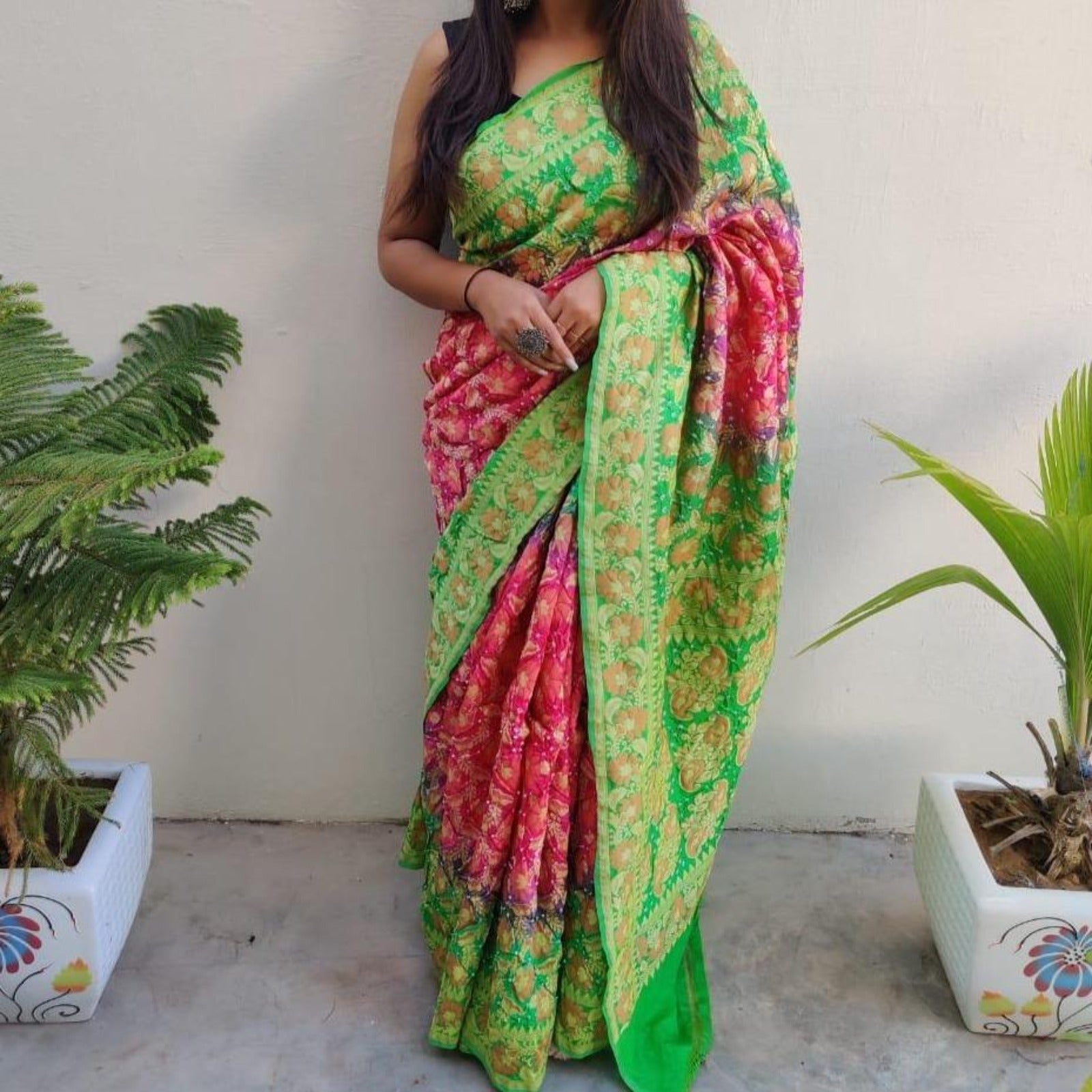 Beautiful bright green and red combination good of dupion silk saree