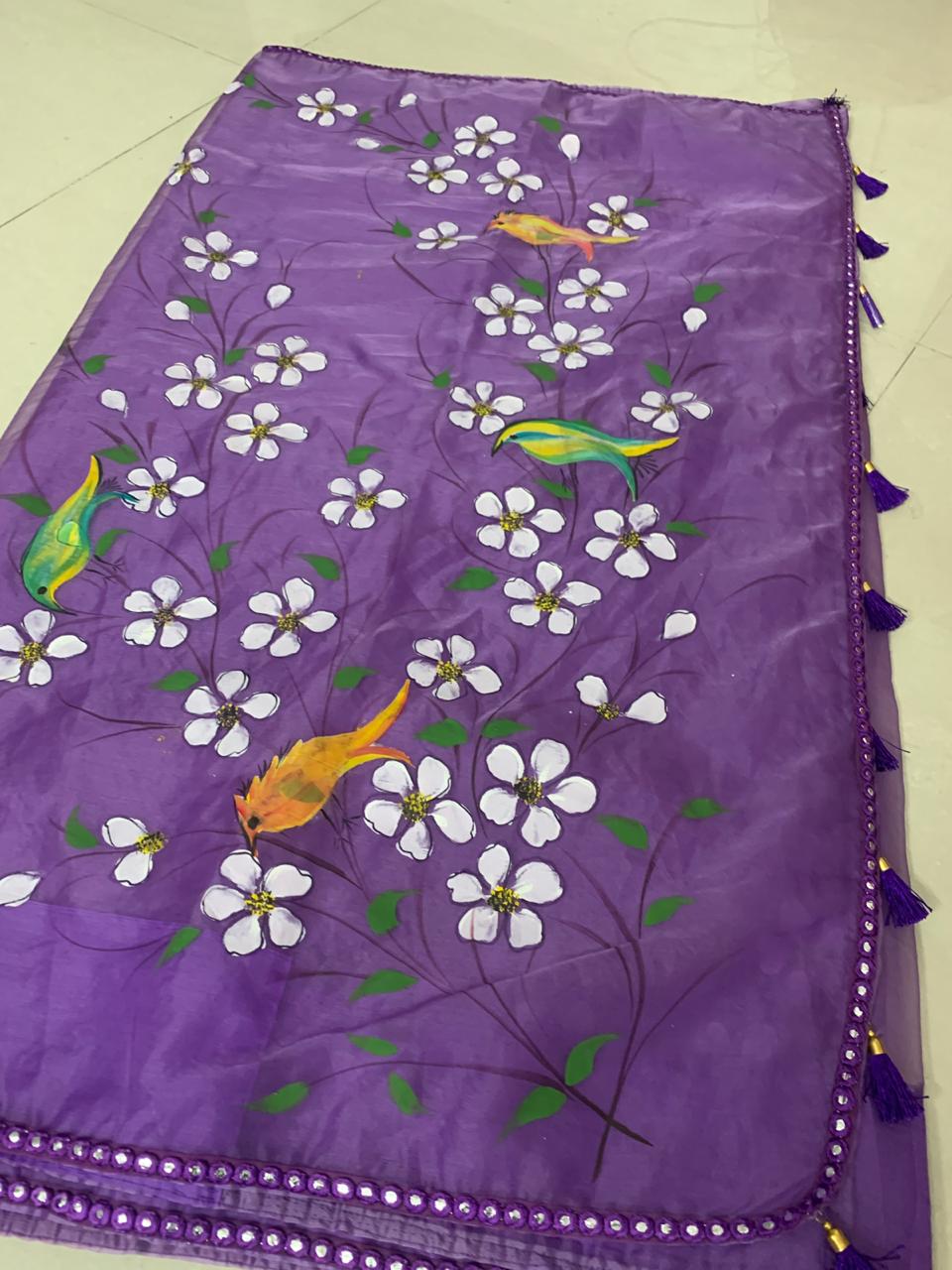 Organza Hand-Painted Saree with Birds & Flowers - Purple