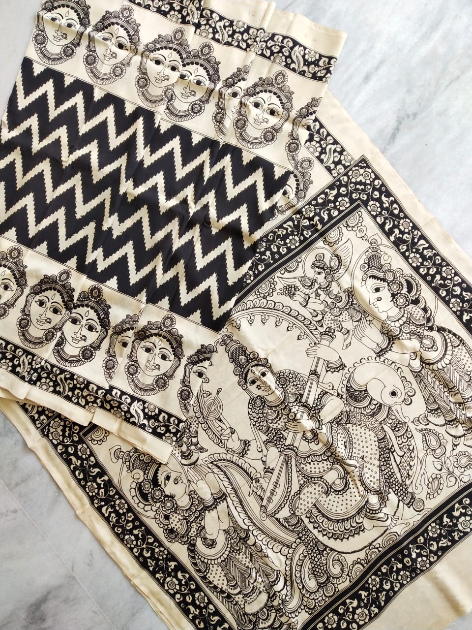 Chennur Silk Kalamkari Saree- Black and White