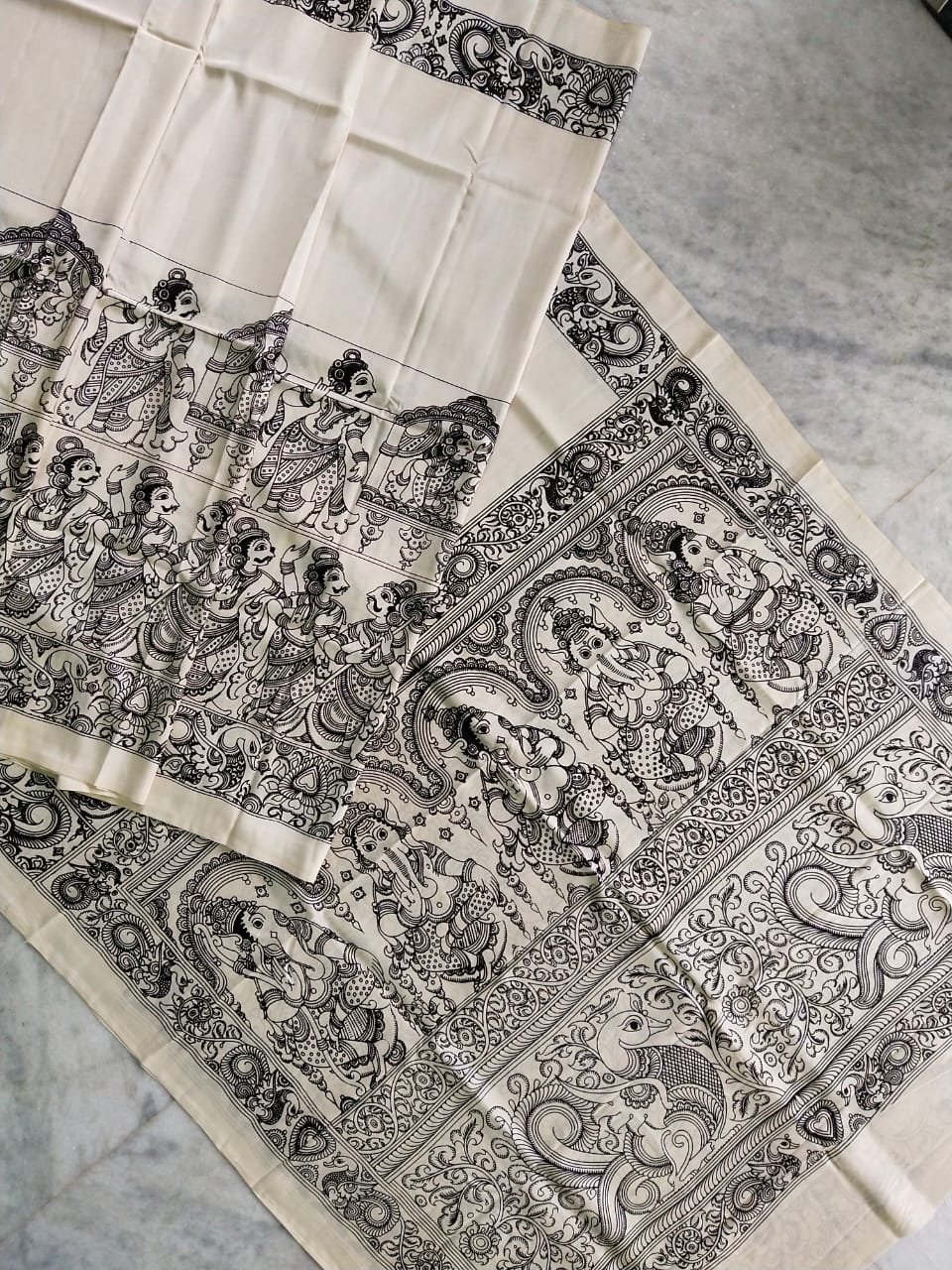 Chennur Silk Kalamkari Saree- Black and White