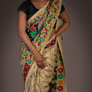 Chennur (Chenoori) Silk Pen Kalamkari Hand drawn and painted Saree - Multicolor (Cream)