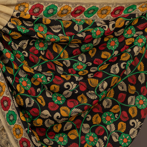 Chennur (Chenoori) Silk Pen Kalamkari Hand drawn and painted Saree - Multicolor (Cream)