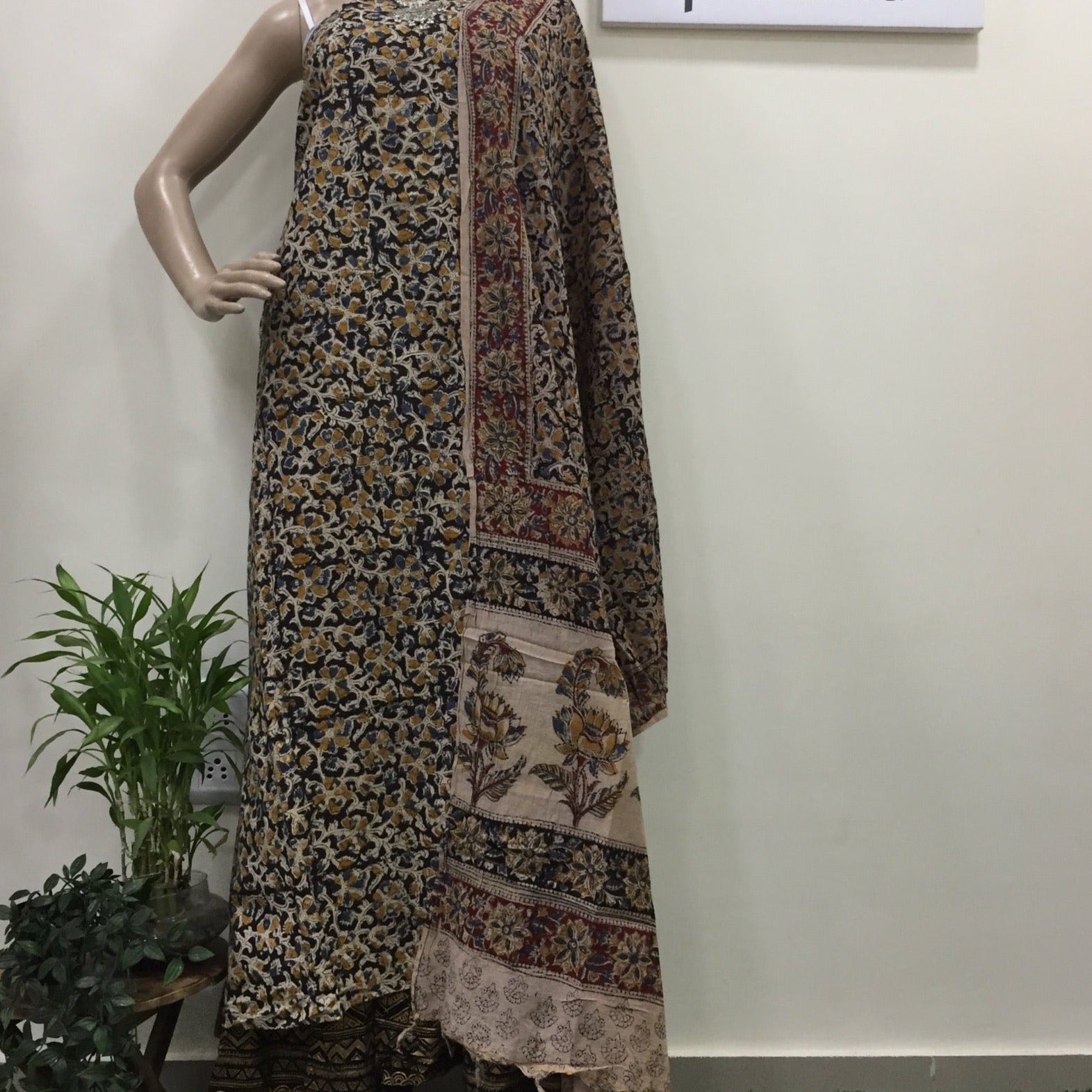 Cotton hand block Kalamkari kurta fabric and dupatta