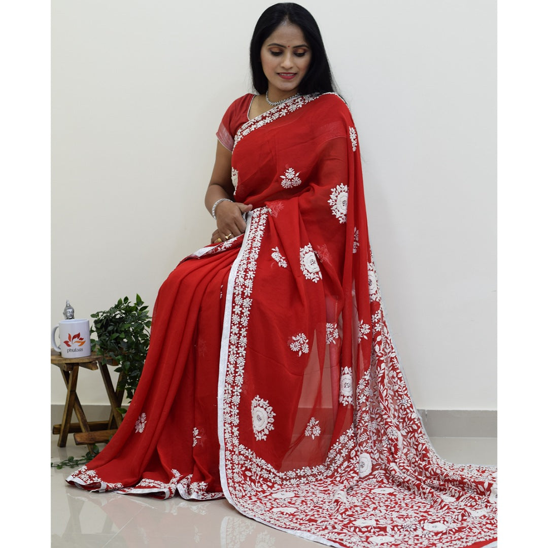Georgette Hand-embroidered Phulkari Fusion Saree - Various Colors