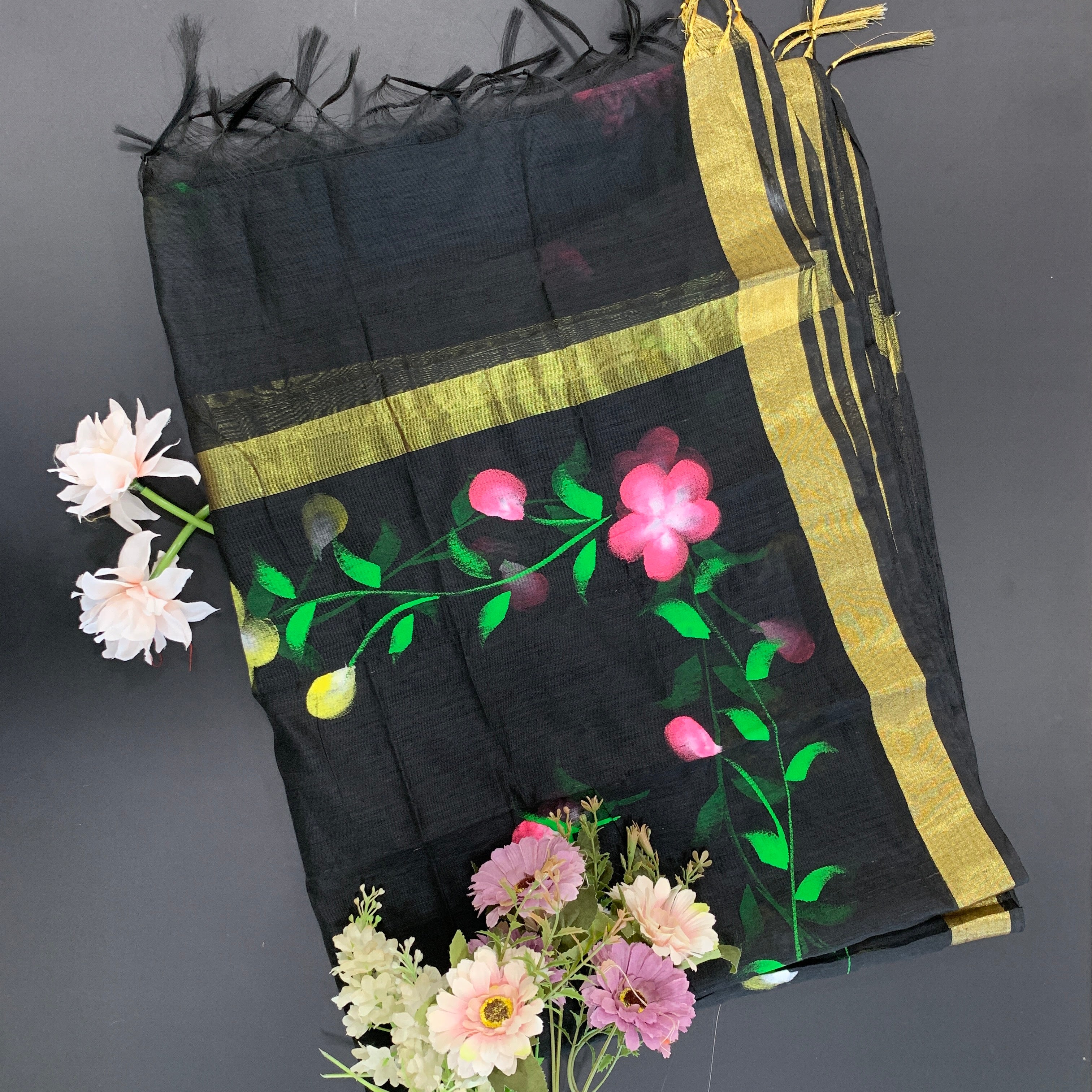 Hand-painted Cotton Silk Dupatta - Floral Border
