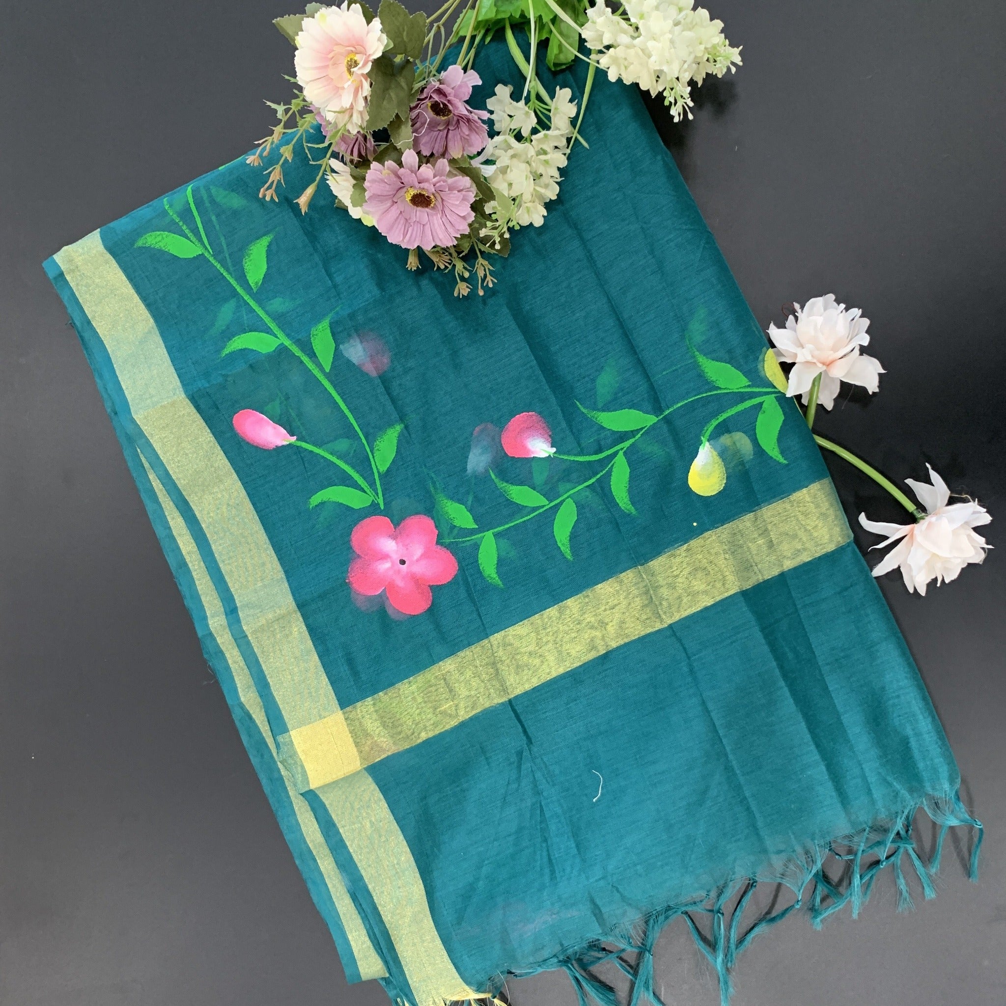 Hand-painted Cotton Silk  Dupatta - Floral Border