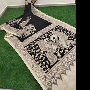 Chennur Silk Kalamkari Saree- Black and White