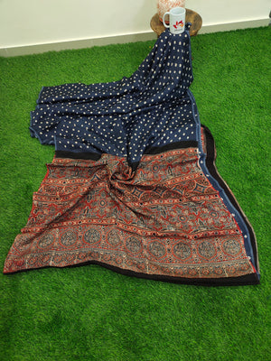 Modal Silk Bandhani Saree With Ajrakh Pallu