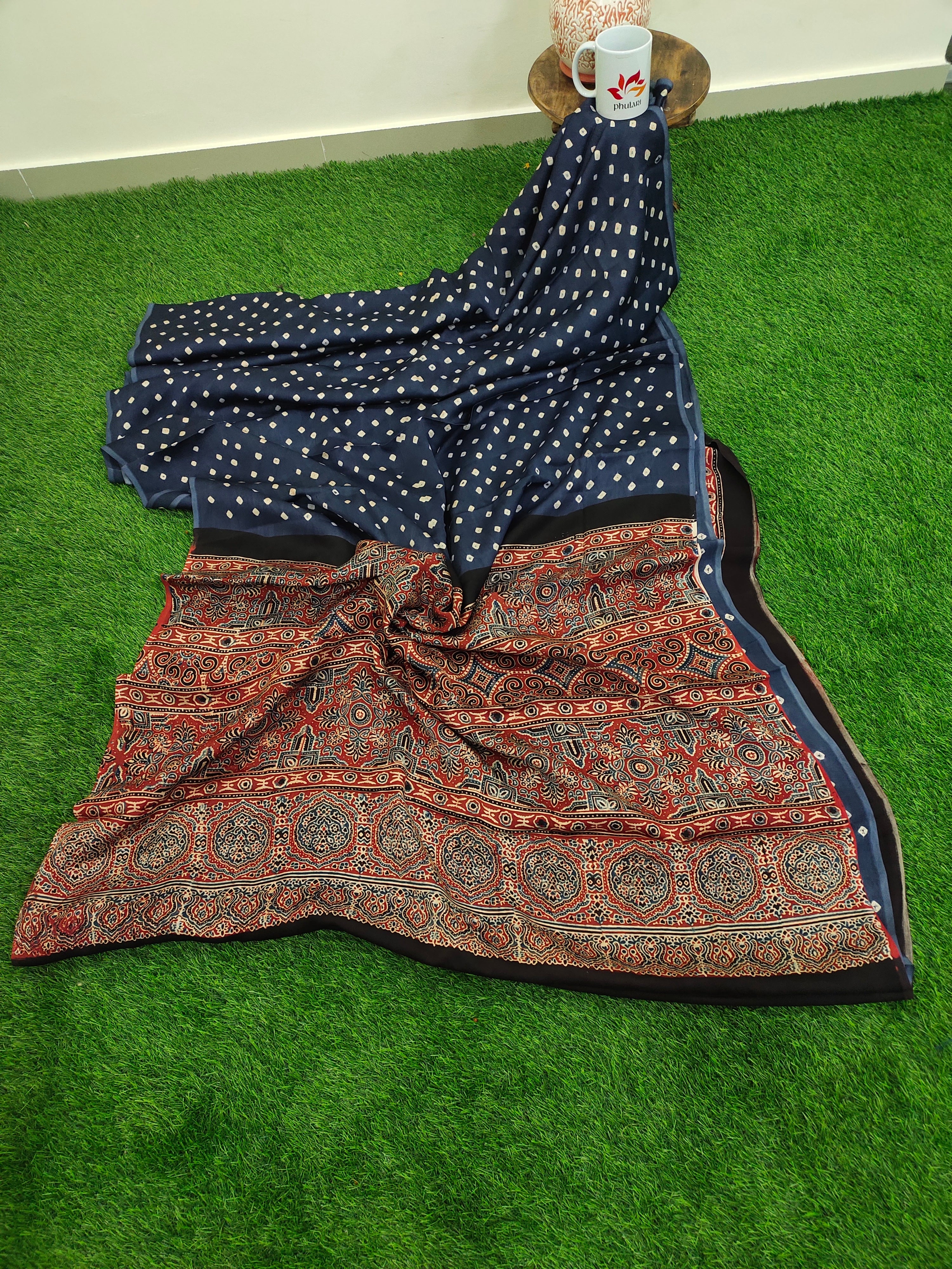Modal Silk Bandhani Saree With Ajrakh Pallu