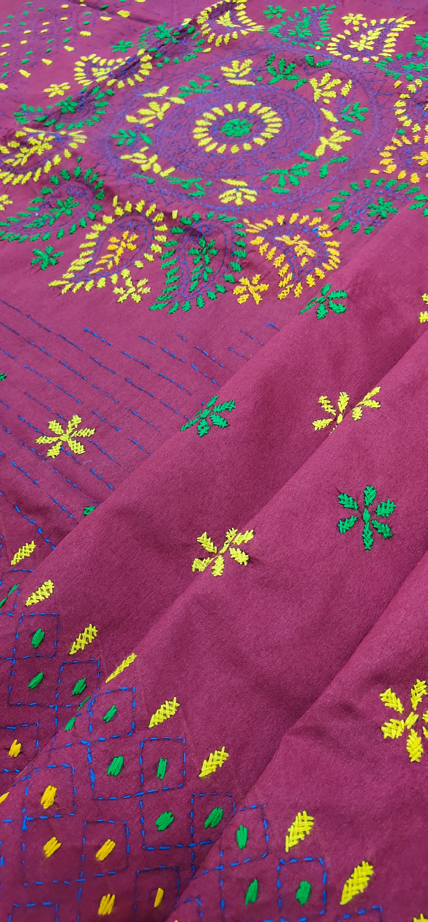 Assam Silk (cotton silk) Kantha Work Saree - Maroon