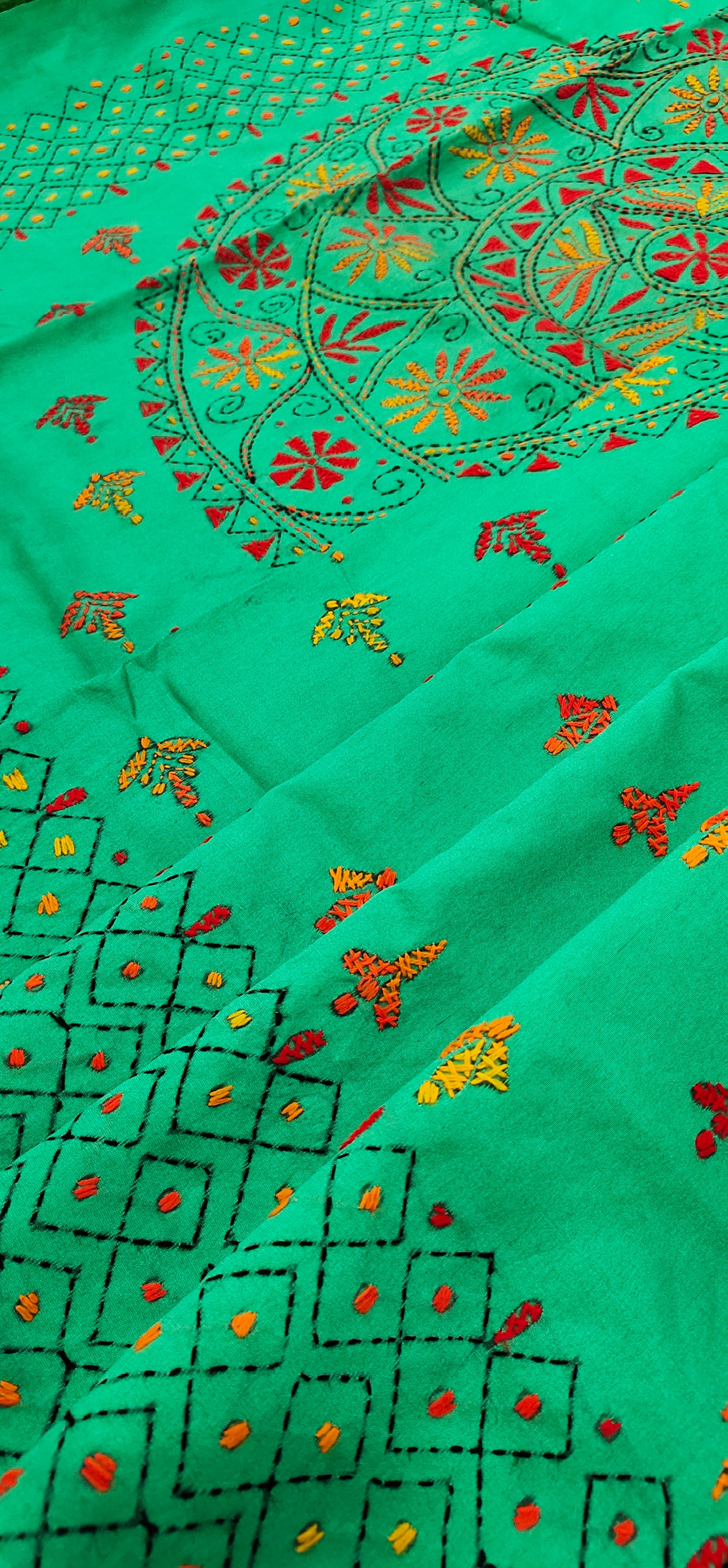 Assam Silk ((cotton silk) Kantha Work Saree - Teal Green