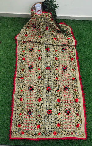 Hand Embroidered Phulkari Chanderi Dupatta with Pom Pom Border