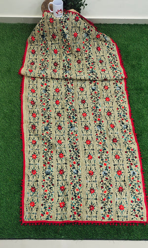 Hand Embroidered Phulkari Chanderi Dupatta with Pom Pom Border