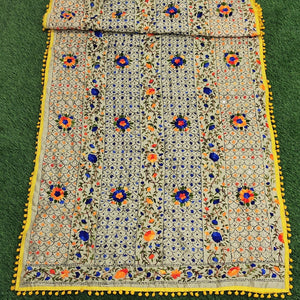 Hand Embroidered Phulkari Chanderi Dupatta with Pom Pom Border