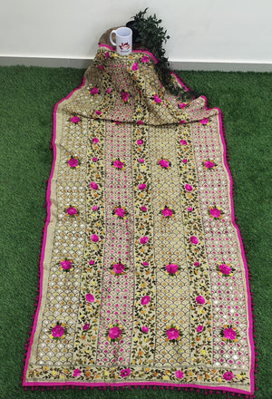 Hand Embroidered Phulkari Chanderi Dupatta with Pom Pom Border