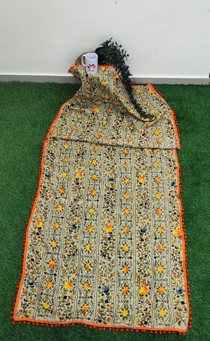 Hand Embroidered Phulkari Chanderi Dupatta with Pom Pom Border