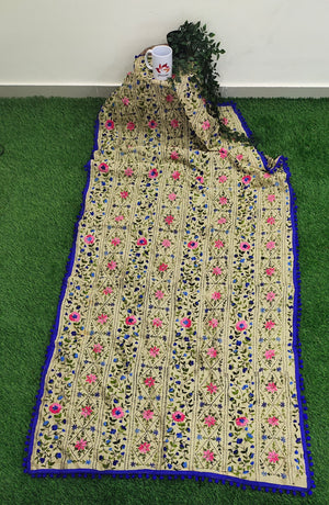 Hand Embroidered Phulkari Chanderi Dupatta with Pom Pom Border