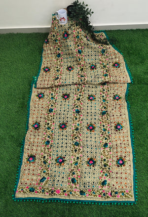 Hand Embroidered Phulkari Chanderi Dupatta with Pom Pom Border