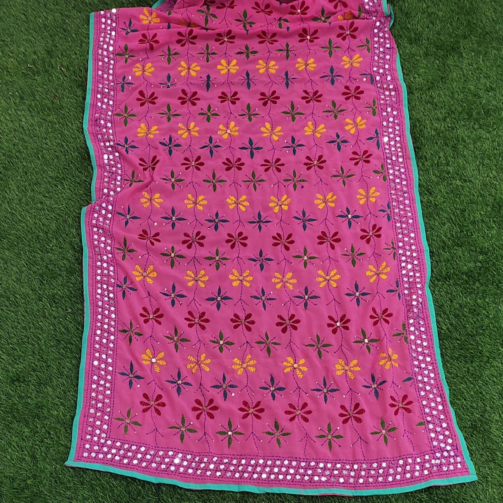 Parsi Work Hand Embroidered Georgette Dupatta - Pink