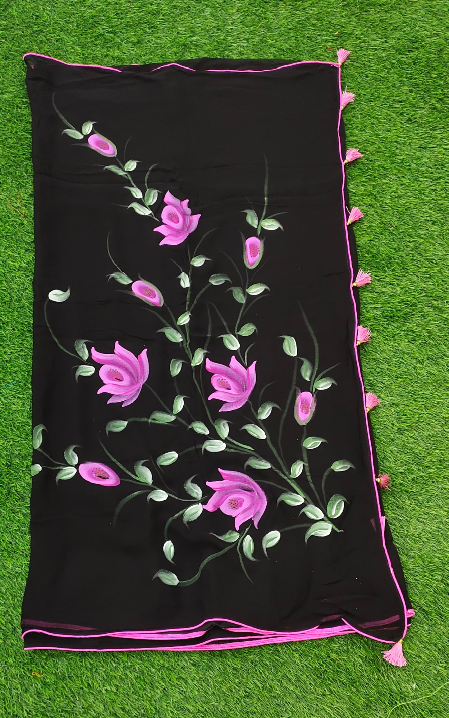 Georgette Hand-Painted Saree - Roses - Black