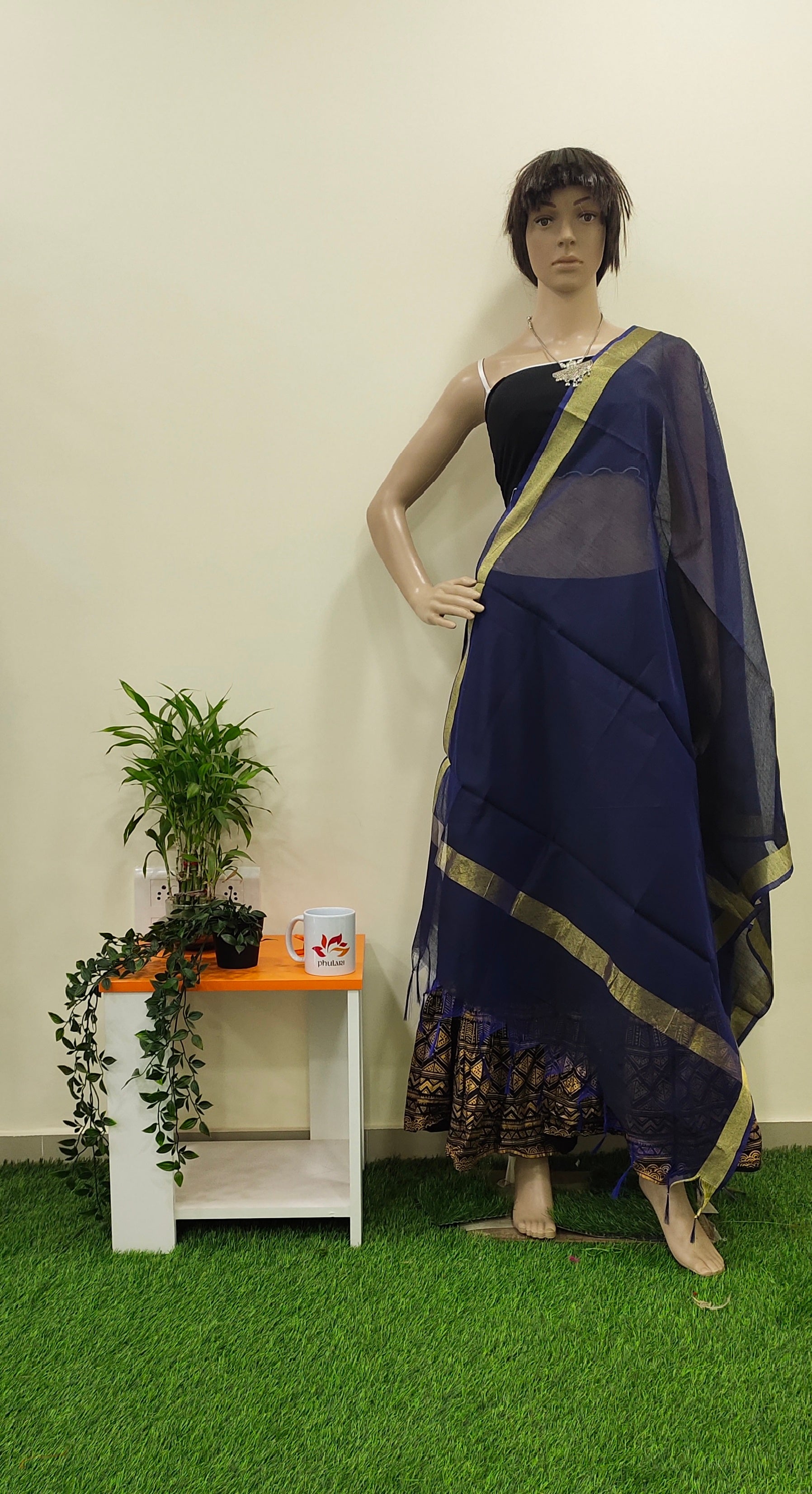 Cotton Silk Dupatta With Zari Border - Blue