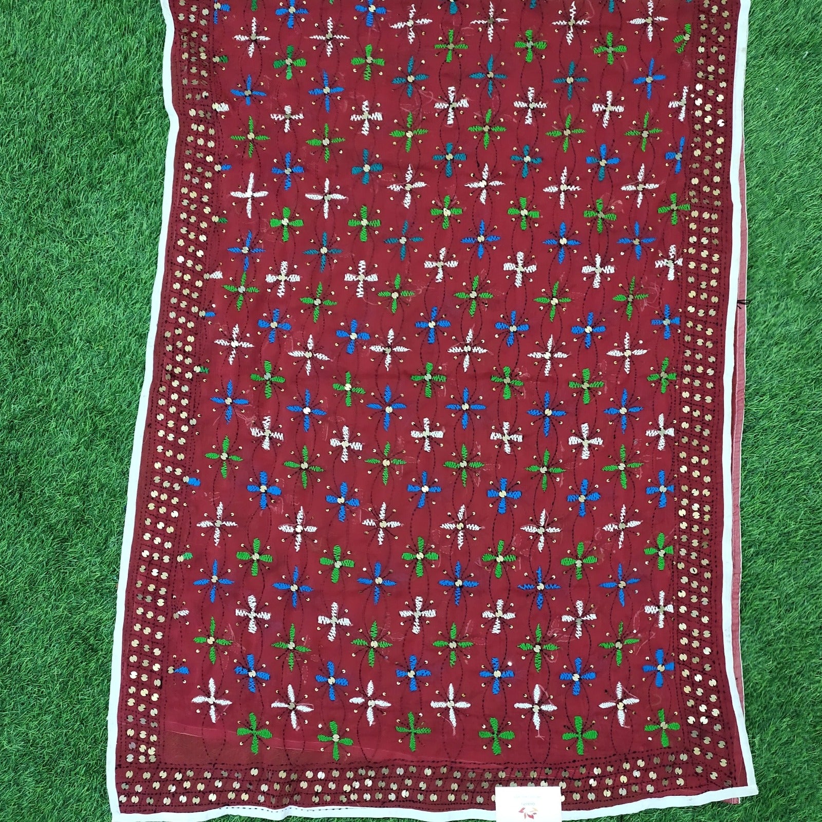 Parsi Georgette Dupatta with hand embroidery- Red
