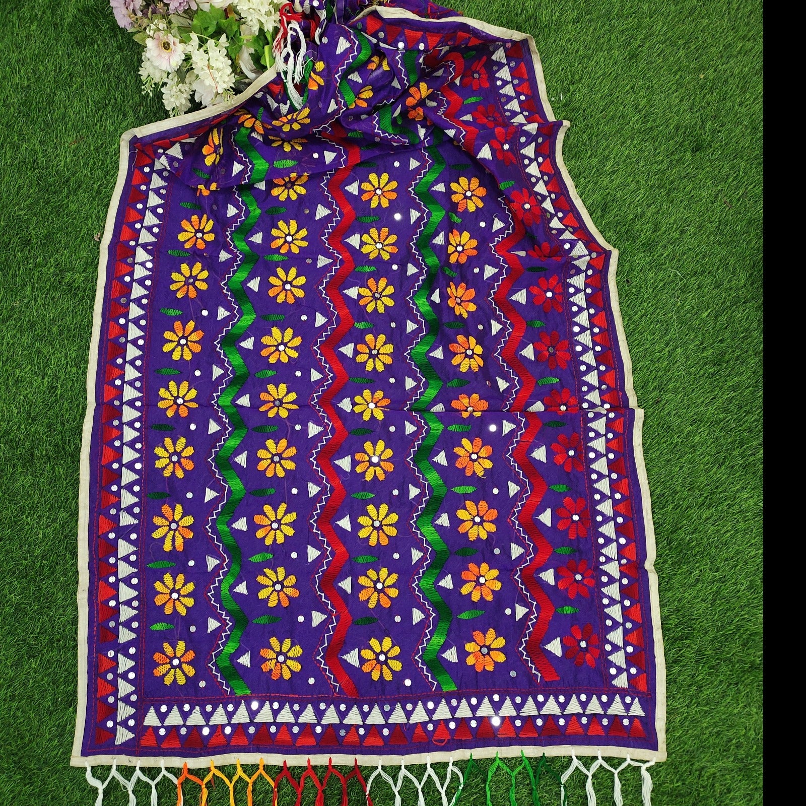 Chanderi Hand Embroidered Dupatta - Jhallar - Purple