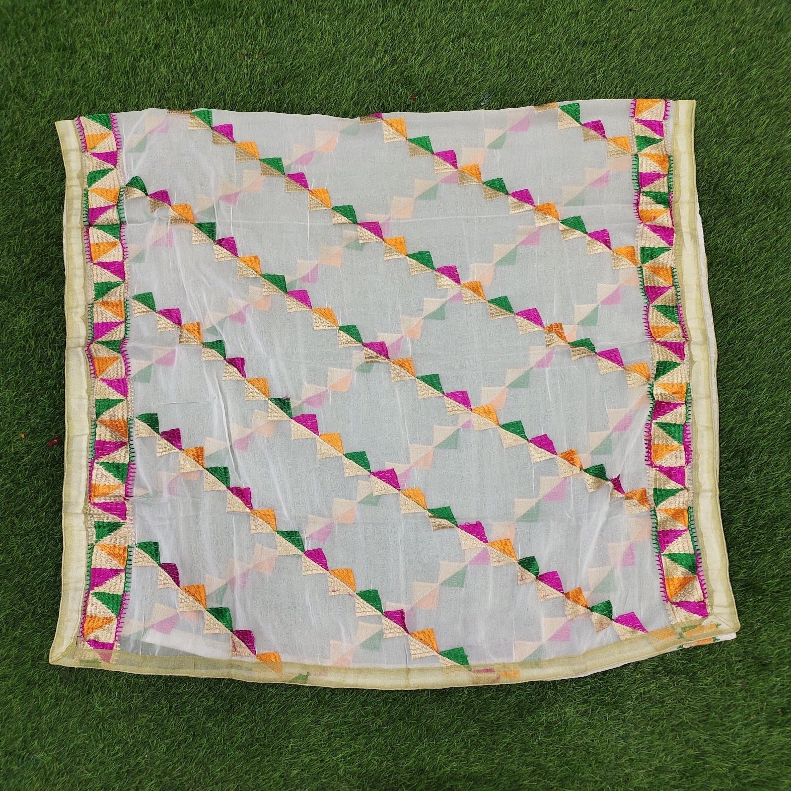 Lightweight Phulkari Chiffon Dupatta - (PE110) - White
