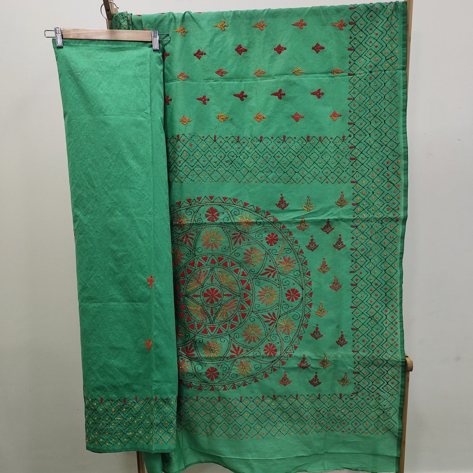 Assam Silk ((cotton silk) Kantha Work Saree - Teal Green