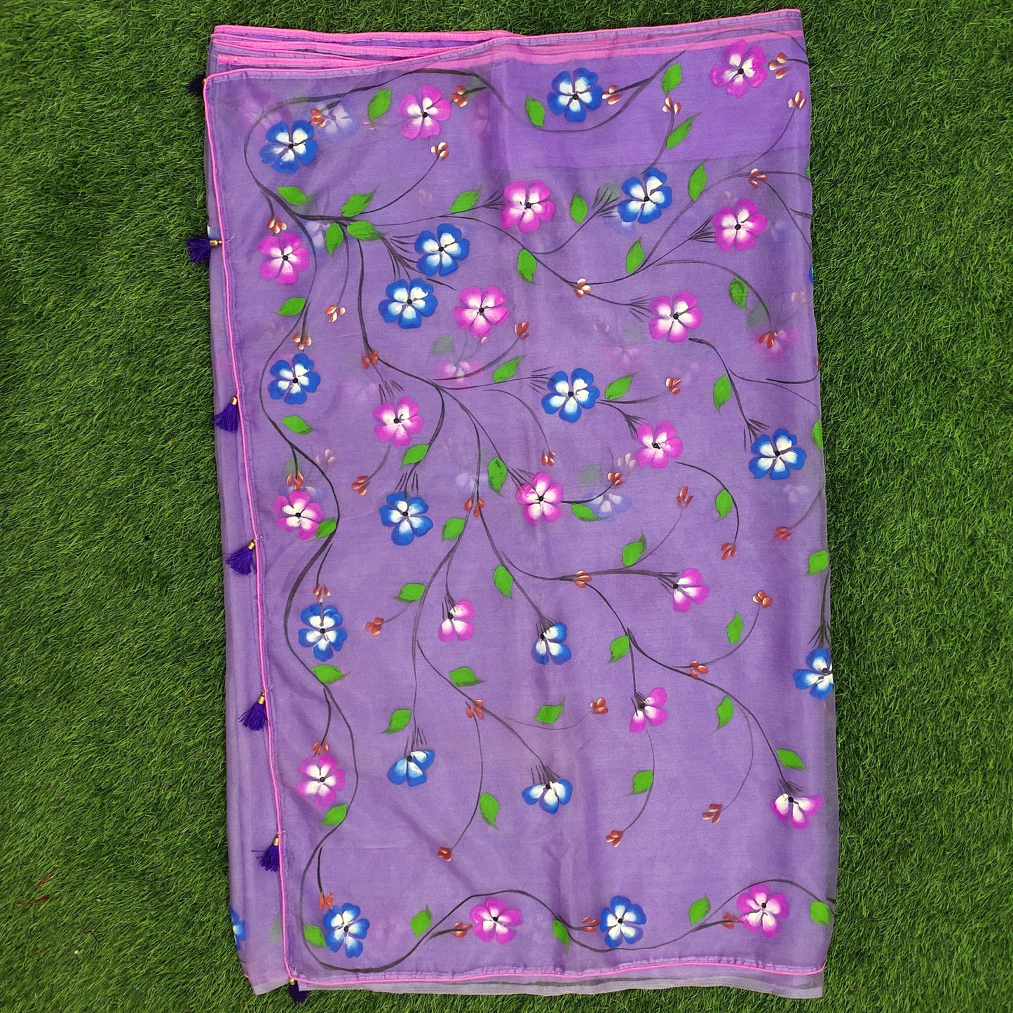 Organza Hand-Painted Saree with Birds & Flowers - Purple