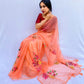 Organza Hand-Painted Saree with Flowers & Butterflies - Peach