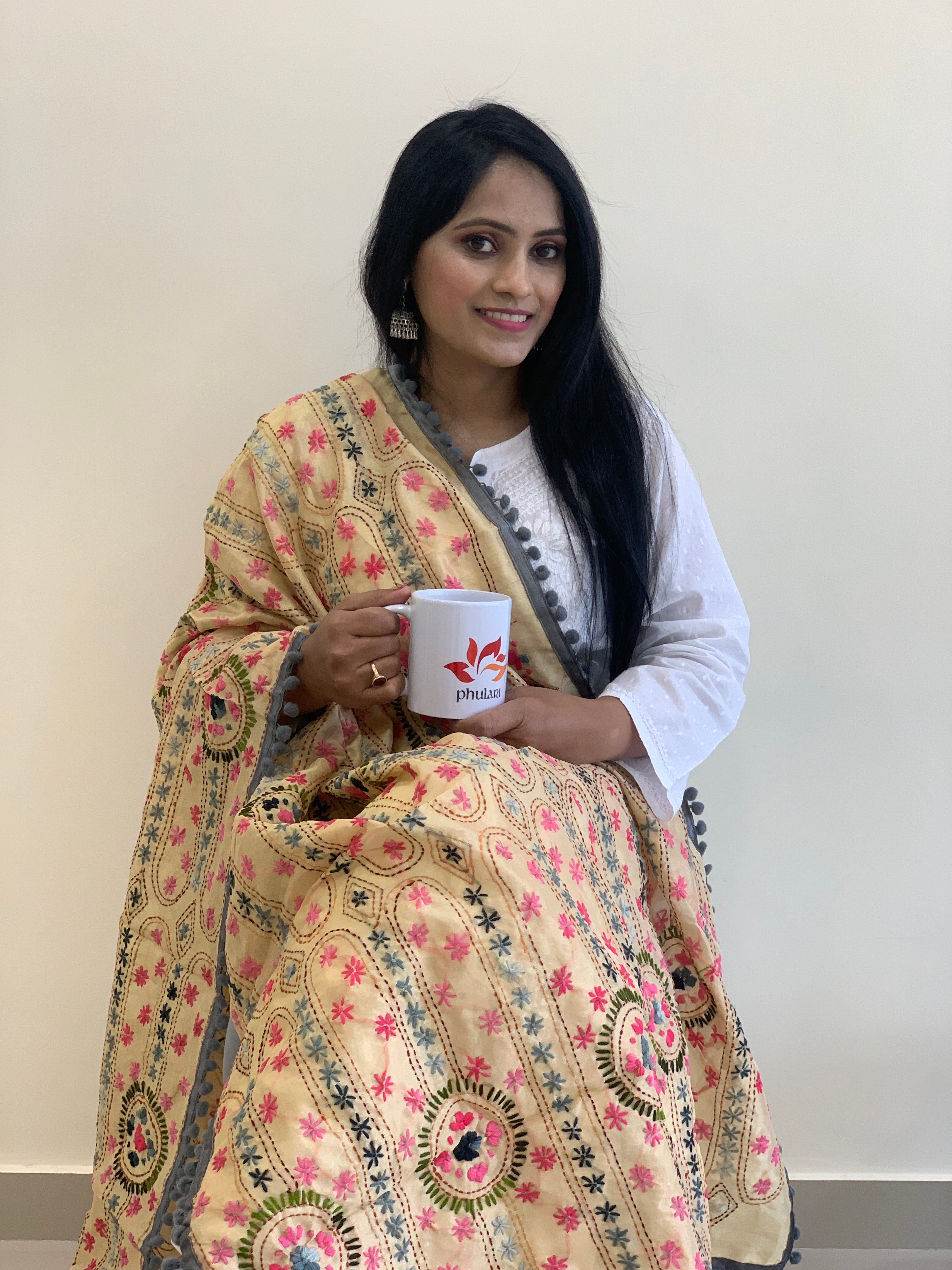Hand Embroidered Phulkari Chanderi Dupatta with Pom Pom Border - Design 7 (Grey border)