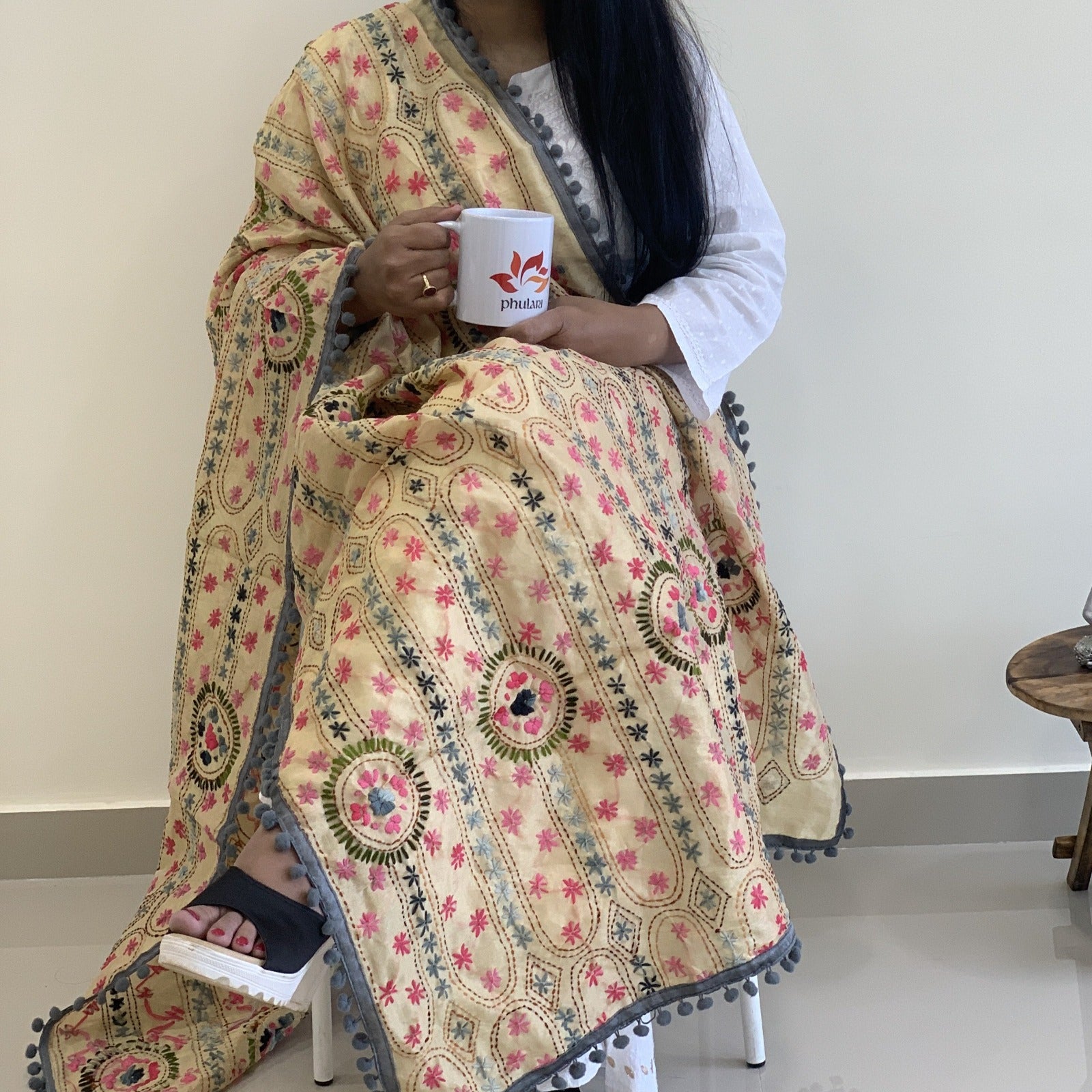 Hand Embroidered Phulkari Chanderi Dupatta with Pom Pom Border - Design 7 (Grey border)