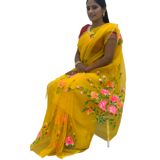 Organza Hand-Painted Saree with Flowers - Yellow