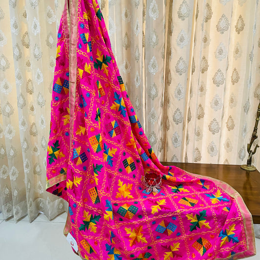 Embellished Phulkari Chinnon Dupatta - Hot Pink
