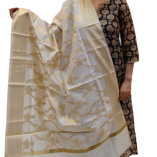 Banarasi Cotton Silk With Floral and Leaf Jaal Dupatta- White