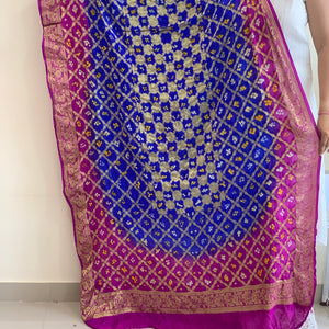 blue and fuschia pink art silk bandhani banarasi dupatta
